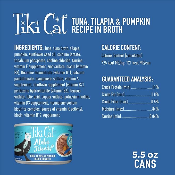 Tiki Cat Aloha Friends Wet Cat Food, Tuna, Tilapia & Pumpkin, 5.5 oz. Cans (8 Count)