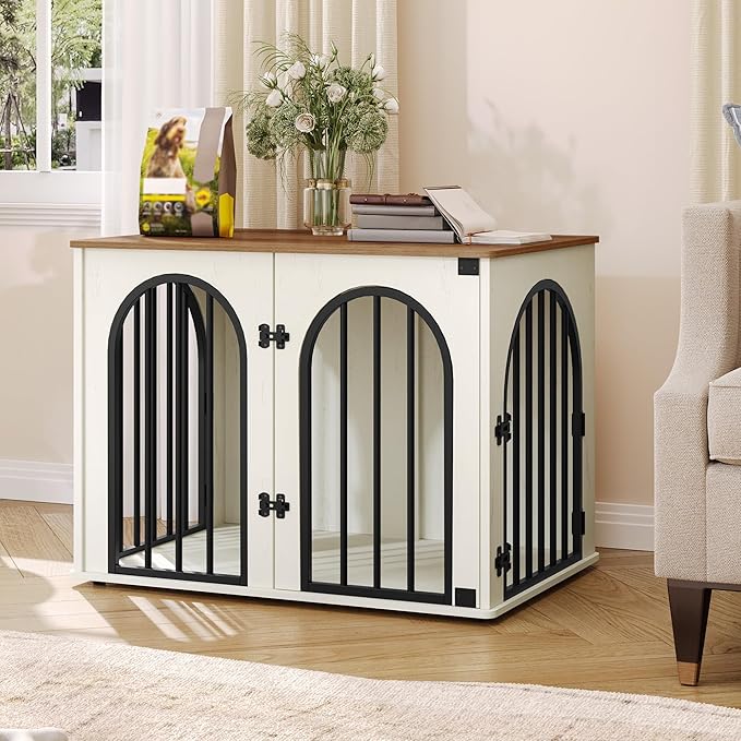 Hzuaneri 31.5'' Wooden Dog Crate Furniture, Indoor Dog Kennel Dogs Cage for Small/Medium Dogs, Heavy Duty Dog Crates Decorative Pet House End Side Table TV Stand, White Brown DFC85114B