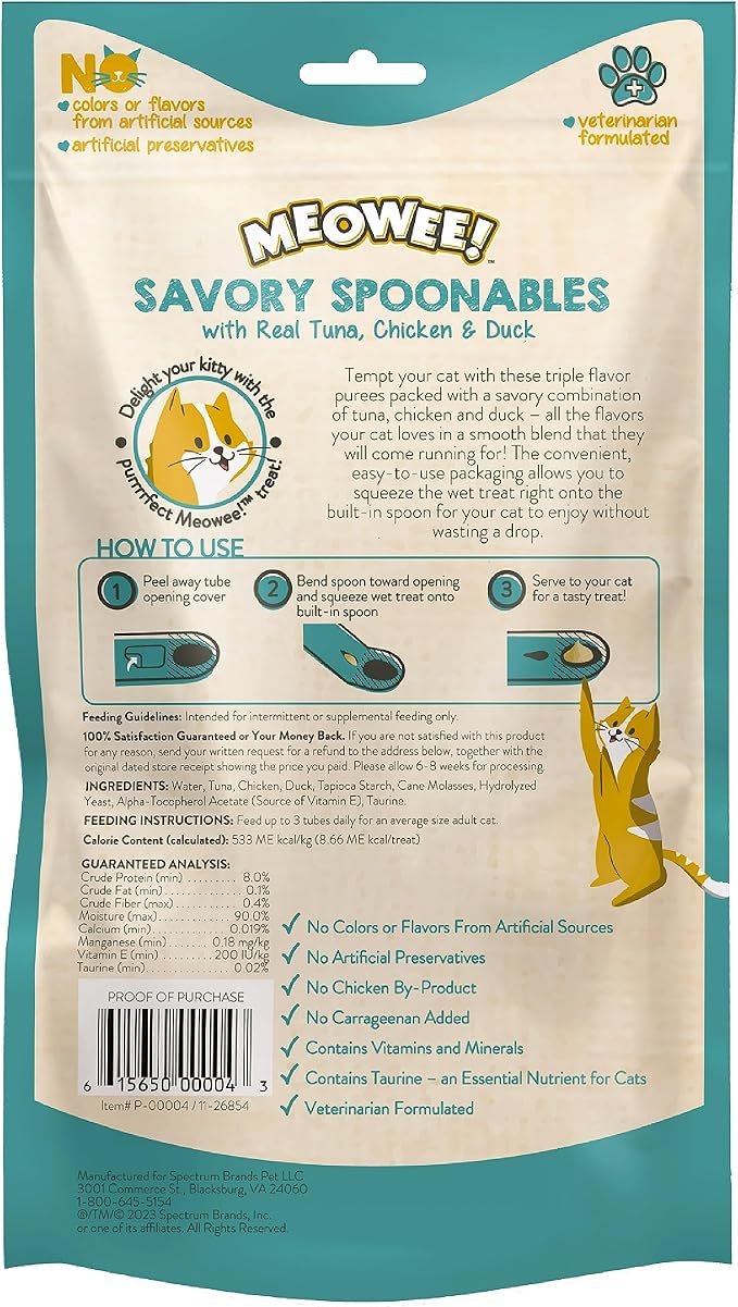 MEOWEE! Savory Spoonables with Real Tuna, Chicken & Duck, 8 Count Tube, Triple Flavor Squeezable Lickable Wet Treats for Cats with Built-in Spoon for Less Mess (Pack of 2)