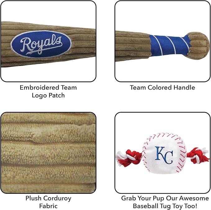 MLB Kansas City Royals Baseball Bat Toy for DOGS & CATS. Soft Corduroy Plush Dog Toy with Inner SQUEAKER, MLB Chew Toys for Dogs or Cats. Durable Fun Interactive Dog Toy with Team Names and Logo