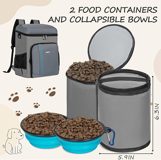 ANILD Dog Travel Bag Backpack, Flight-Ready TSA-Approved Dog Travel Bag with 2 Leak-Proof Food Canisters, 5 Foldable Silicone Bowls, Multi-Compartment Organizer for Hiking, Camping, Dog Mom Essentials