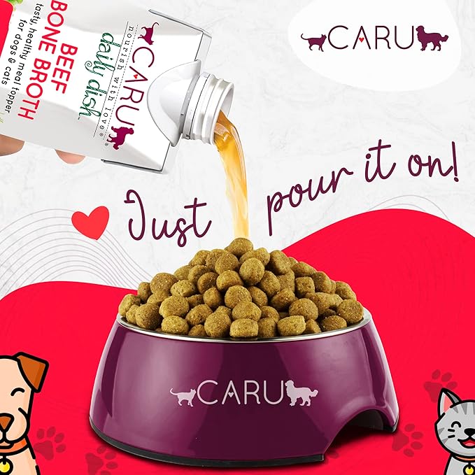 Caru - Daily Dish Beef Bone Broth - Meal Topper for Dogs & Cats - Supports Overall Pet Health - Pour-Over Broth for Wet/Dry Food - Human Grade Ingredients - Non-GMO - Made in USA - 12 Pack