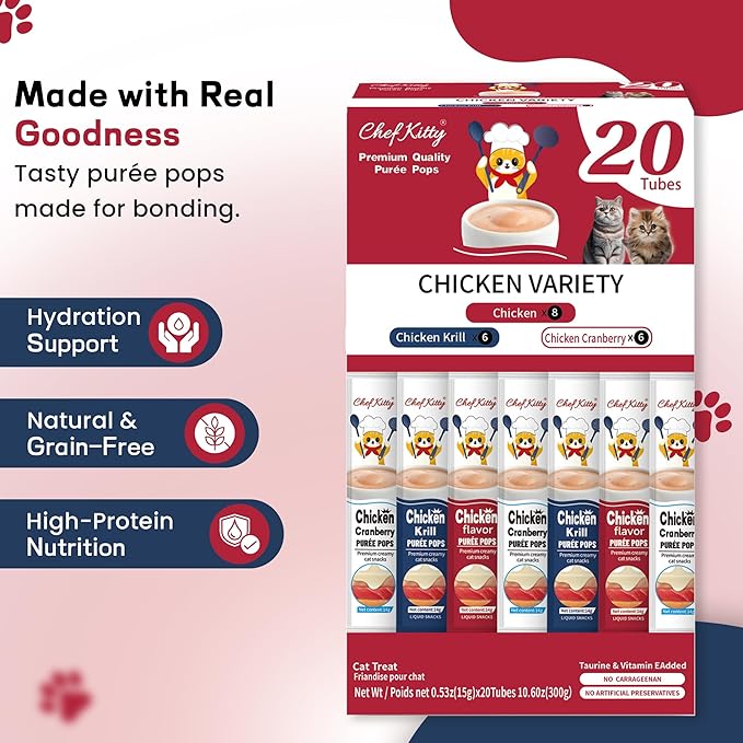 Purée Pops + Yellow Feeding Spoon, Grain-Free, Lickable, Squeezable Creamy Cat Treat/Topper, 20 Tubes, Chicken Mix Variety