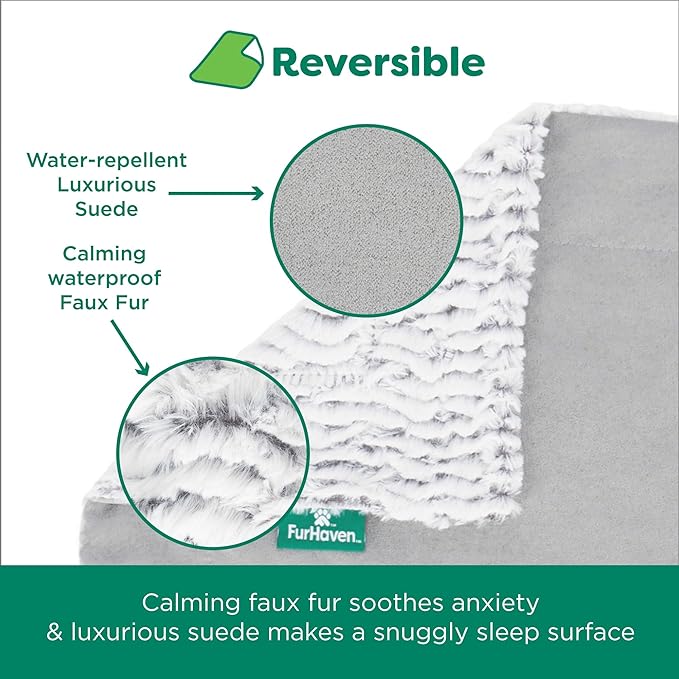 FurHaven Waterproof Dog Blanket – Birch Faux Fur & Suede Calming Throw for Pets, Washable – Gray, Large