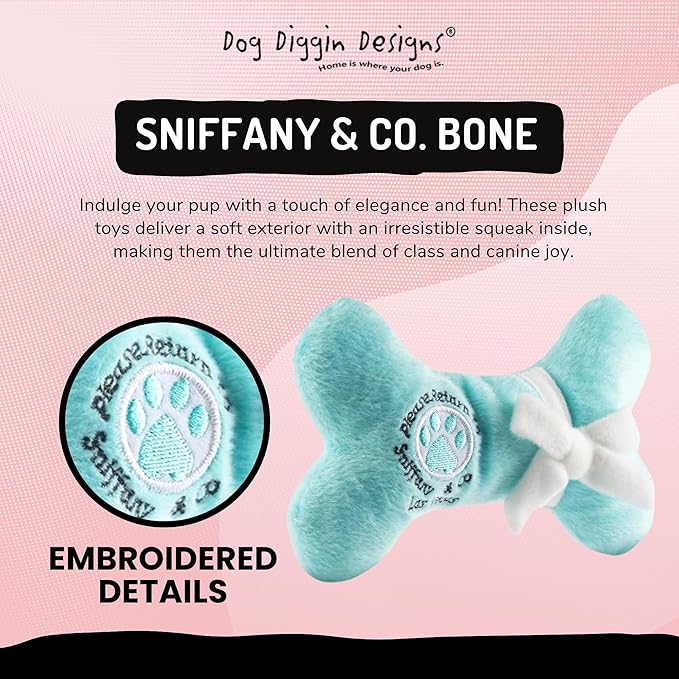 Dog Diggin Designs Sniffany & Co Petite Plush Dog Toy Bone | Luxury-Inspired Parody Designer Bone with Built-in Squeaker, Soft Plush Chew & Play Dog Toy – Prêt-à-Porter Play!