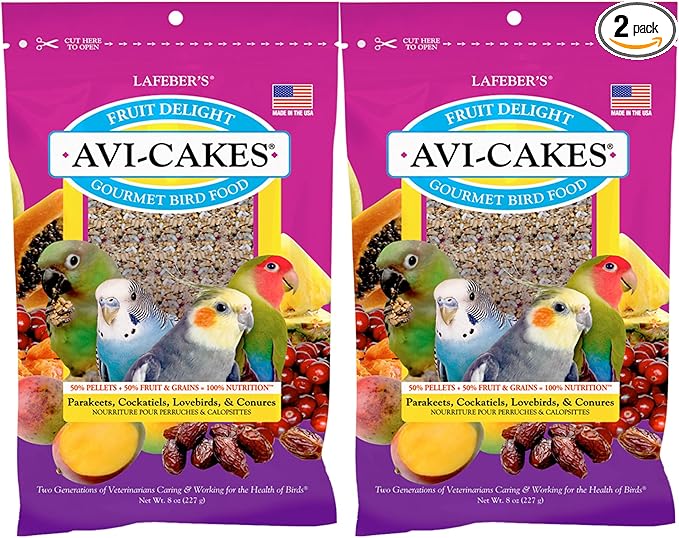 LAFEBER'S Fruit Delight Avi-Cakes Pet Bird Food, Made with Non-GMO and Human-Grade Ingredients, for Cockatiels Conures Parakeets (Budgies) Lovebirds (8 oz Pack of 2)