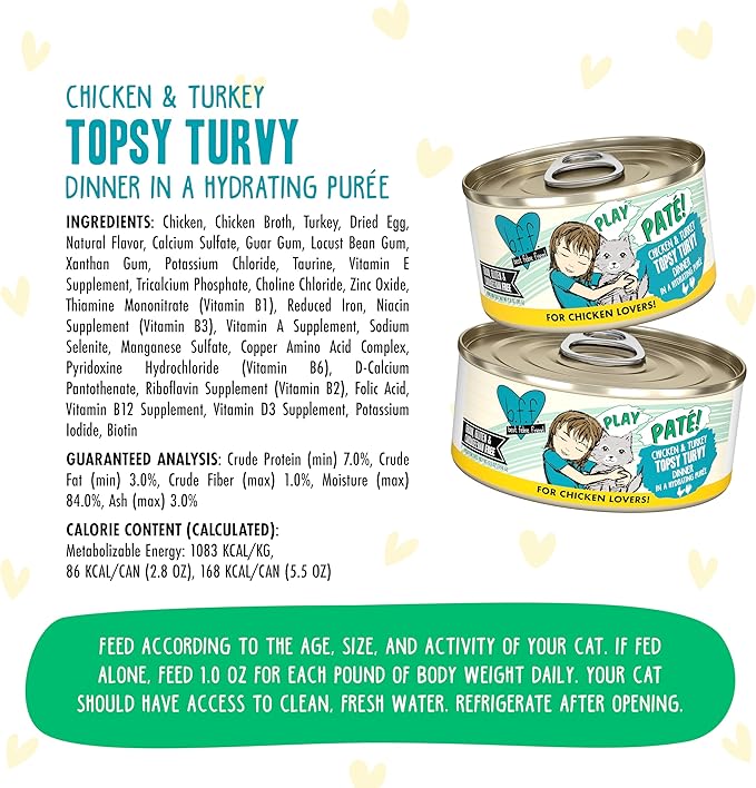 Weruva B.F.F. Play - Best Feline Friend Paté Lovers, Aw Yeah!, Chicken & Turkey Topsy Turvy with Chicken & Turkey, 2.8oz Can (Pack of 12)