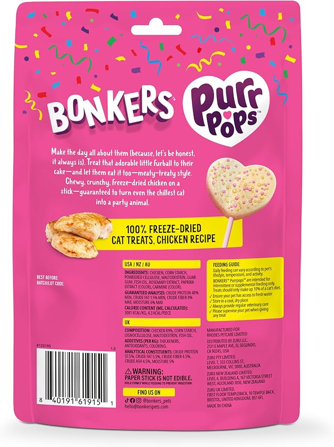 Bonkers Purrpops Birthday Edition Freeze-Dried Chicken Flavored Lollipop Treats for Cats, 4 Pieces (Pack of 13)