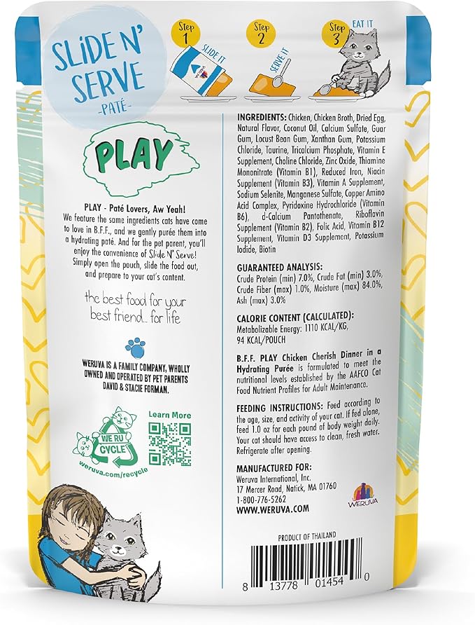 B.F.F. PLAY - Best Feline Friend Paté Lovers, Aw Yeah!, Chicken Cherish with Chicken, 3oz Pouch (Pack of 12)