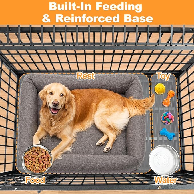 Homey Pet Heavy Duty Dog Crates for Large Dogs, 47 Inch Stackable Large Dog Crate Cage with 4 Wheels, 2 Removable Trays and Grids, 2 Bowls, Multi Locks Strong & Solid Escape Proof Dogs Kennel Indoor