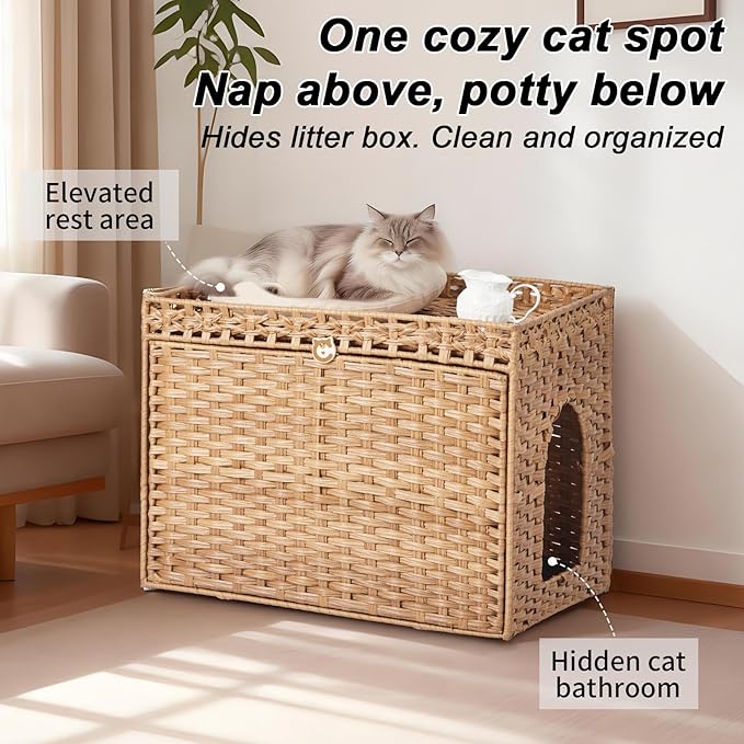 PeakPursuit Rattan Litter Box Enclosure Hidden Cat Furniture with Removable Litter Mat, Natural Cat House End Table, Easy Assembly, 27.5" l x 20.5" w x 22" h Natural Color