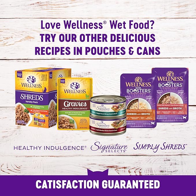 Wellness Healthy Indulgence Shreds Adult Wet Cat Food, Natural, Protein Rich, Grain Free, Tuna and Shrimp Recipe, 3 oz, Pack of 24 Pouches
