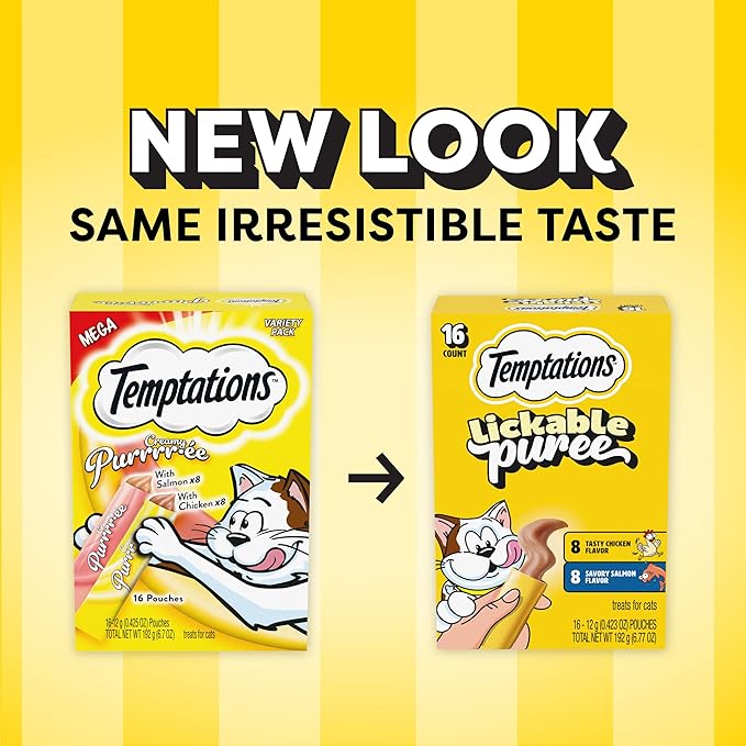 Temptations Creamy Puree Squeezable Lickable Cat Treats, Wet Cat Treats with Salmon and Chicken Variety Pack, 0.42 oz. Tubes, 16 Count