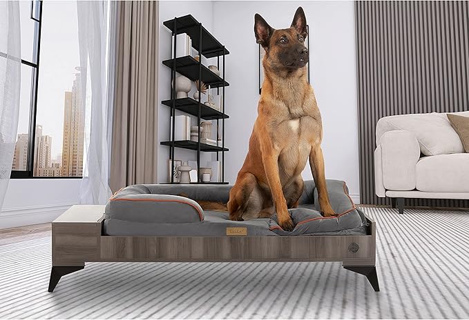 Wooden Dog Bed with Mattress, Large to Extra Large Water-Resistant Elevated Pet Bed, Wooden Pet Bed with Storage, Greenguard Gold Certified, Machine Washable, Smokey Grey, Wyatt - TailZzz