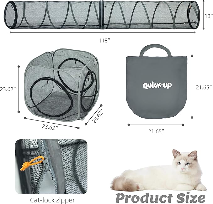 2 Connectable Large Cat Tunnels and 1 Portable Mesh Cube for Indoor and Outdoor, Durable Enclosed Outdoor Pet Playpen for Cats,Puppy and Small Animals to Play, Jump and Sleep Safely