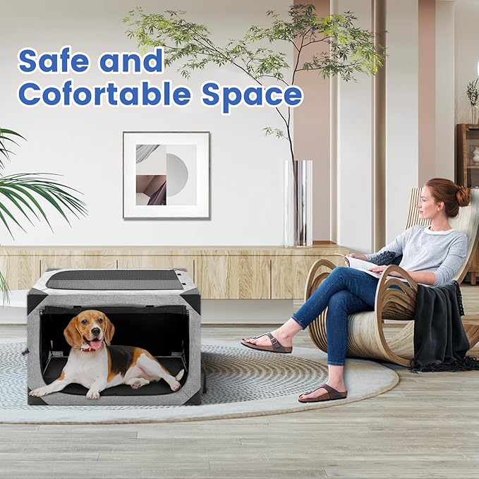 Dog Crate,36x25x25 Inch Large Dog Crate for Large or Medium Dogs, Portable and Foldable Design of Dog Cage, Perfect for Travel or Home Use, Dog Kennel with 3-Door and Durable Mesh Windows, Light Grey