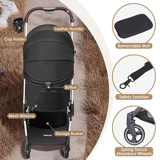 T4 Pet Stroller for Small Medium Dogs, Cat Strollers for 2 Cats, 4 Wheels Folding Pet Stroller for Cats with Pad, Canopy and Cup Holder, Black