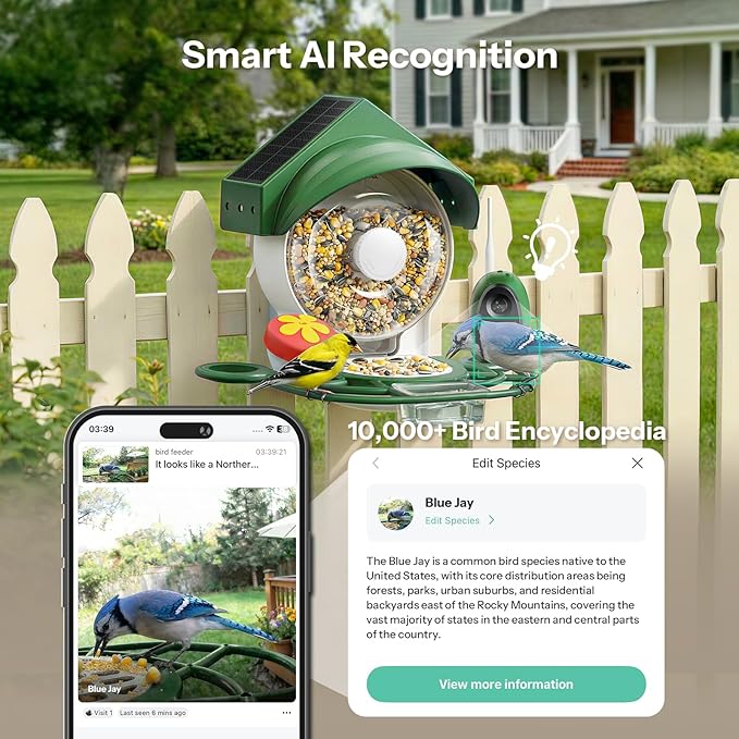 Smart Bird Feeder with Camera - 2K HD Smart Bird Feeder, Solar Powered Outdoor Birdhouse with AI Bird Identification for Backyard Birding & Wildlife Bird Watching, Gift for BirdLover (Green)