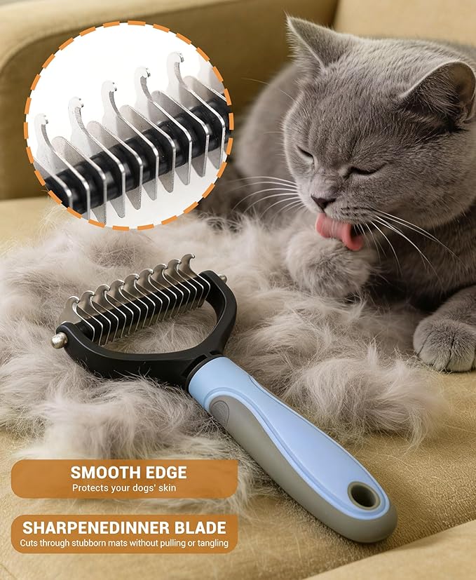Double Sided Dematting Comb for Dogs & Cats - 2-in-1 Undercoat Rake & Double Coat Dog Brush, Pet Grooming Tool for Removing Mats & Deshedding (Blue)