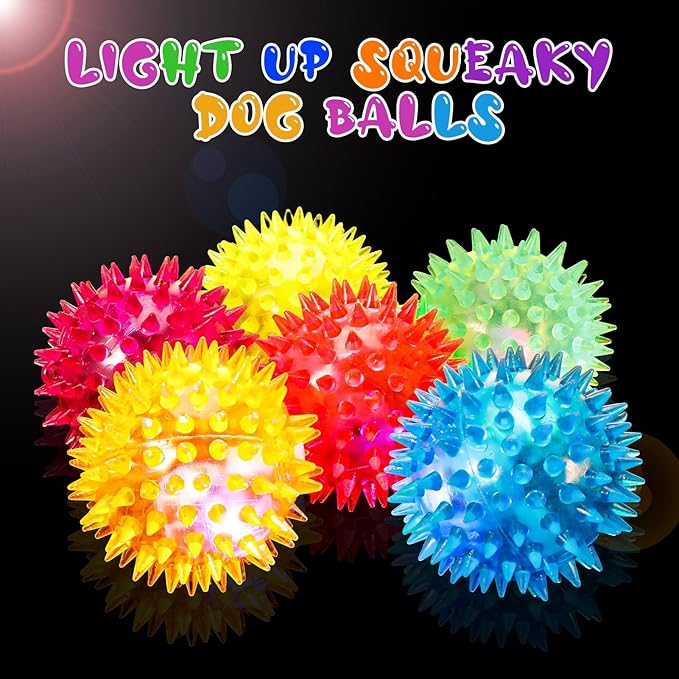 DragonflyDreams 6-Pc Spiky LED Dog Chew Toys with Spiky Balls, Glow in Dark, Interactive Toss-ball for Fetch & Tug