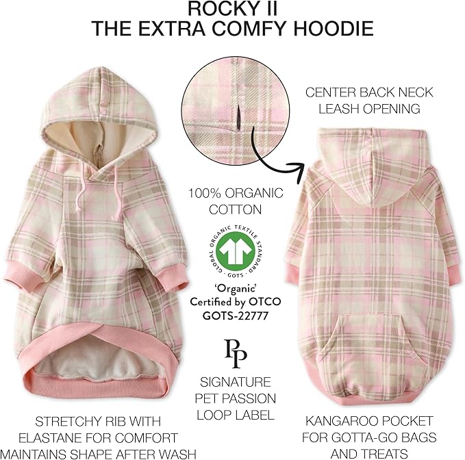 Pet Passion Rocky II - The Extra Comfy Hoodie, Organic Cotton and Recycled Poly Dog Hoodie Pet Coat Sweater for Small, Medium, Large Dogs, Pink Chesterfield Plaid, Small