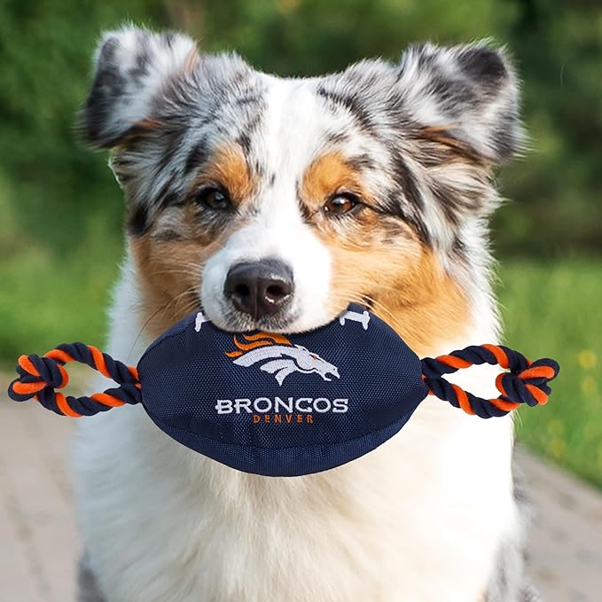 Pets First NFL Denver Broncos Football Dog Toy, Tough Quality Nylon Materials, Strong Pull Ropes, Inner Squeaker, NFL Team Color