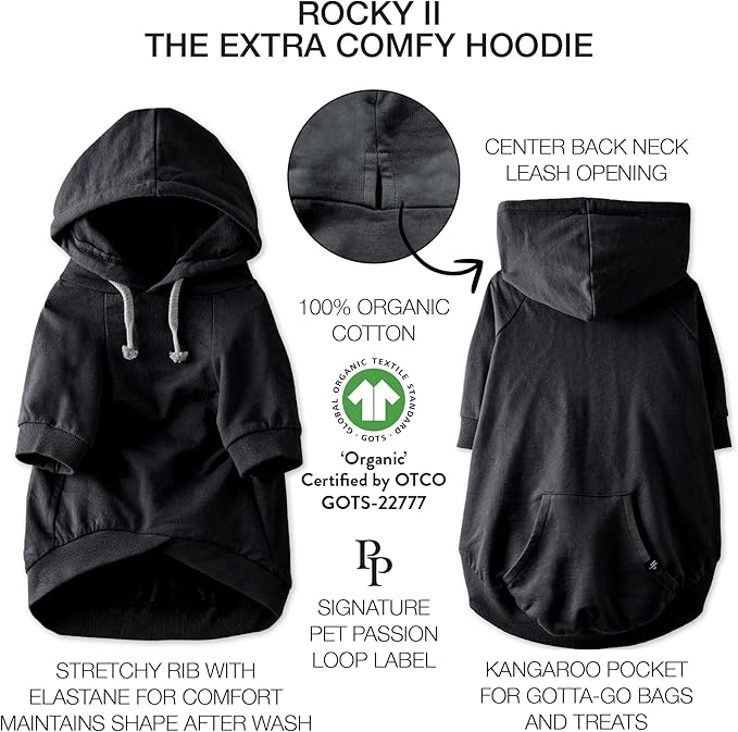 Pet Passion Rocky II - The Extra Comfy Hoodie, Organic Cotton and Recycled Poly Dog Hoodie Pet Coat Sweater for Small, Medium, Large Dogs, Black, XX-Small (4-7 lbs)