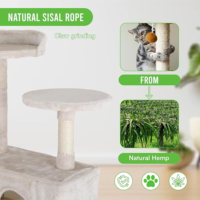 24/7 Shop at Home Court 54 inch Multi-Level Cute Cat Tree Tower with Dangling Ball and Scratching Posts for Indoor Cats Adults, Kitten Supplies, Pet House, Beige
