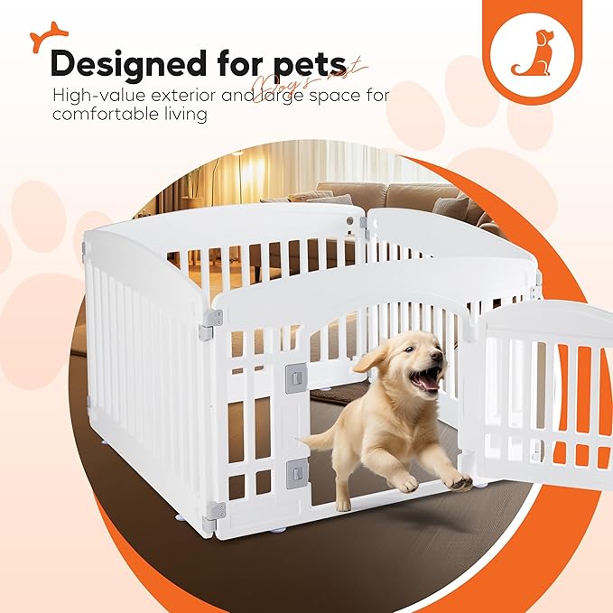 HealSmart 24 Inch 4-Panel Pet Playpen, Sturdy Dog Playpen with Safety Locking Door, Foldable & Portable Design for Puppies, Small & Medium Dogs, White