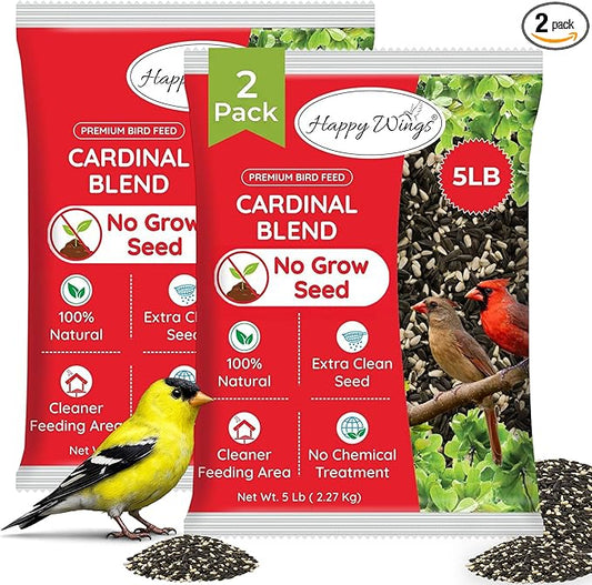 Happy Wings Cardinal Blend Bird Food, Mix of Sunflower and Safflower Seed, 10 Pounds - 5 Pounds Combo Pack of 2 | No Grow Seed | Bird Food for Wild Birds