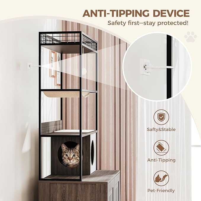 Garvee Cat Litter Box Enclosures with Storage Rack, Enclosed Litter Box Furniture, Hammock, Sisal Balls and Cat Scratching Mat