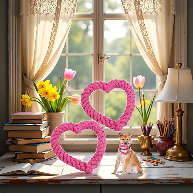 2Pcs Pink Cute Dog/Cat Chew Toys, Dog Toys for Chewers, Heavy Duty Dental Dog Rope Toy for Dogs, Creative Love Heart Shaped Interactive, Girl Puppy