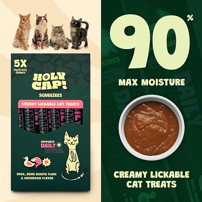 Daily Ritual Grain-Free Lickable Cat Treats, 5 Squeezable Purée Tubes (0.5 oz Each), Duck & Tuna Flavor, Creamy Cat Purée with Clean Ingredients, Hand-Fed Treat or Meal Topper