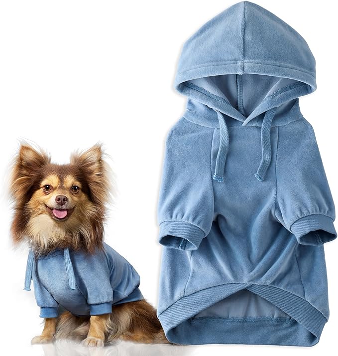 Pet Passion Cooper II Organic Cotton Velour Dog Hoodie Pet Coat for Small, Medium and Large Dogs, Faded Denim, Small (10-25 lbs)
