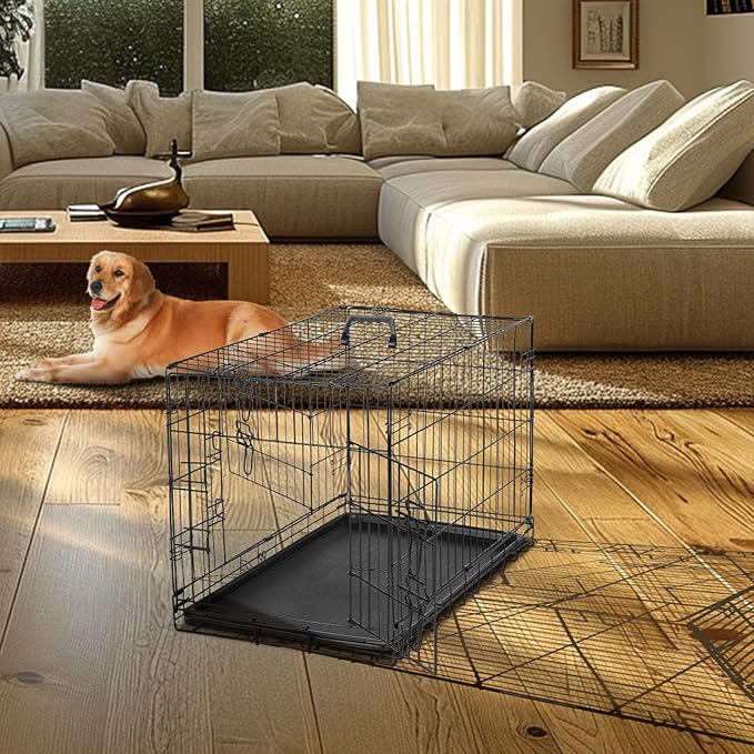 DUMOS 24-Inch Dog Crate, Small Double-Door Folding Metal Kennel with Divider Panel and Leak-Proof Pan, Portable Dog Cage for Indoor, Outdoor, and Travel