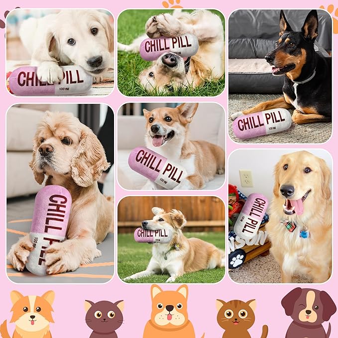 CUweipeng Funny Dog Squeaky Toy - Pink Chill Pill Capsule Shaped Teething Squeak Plush Pet Toy Bite Kick Indoor Interactive Training Play Supply for Small Dog Cat Present Pet Lover Gift Photo Props