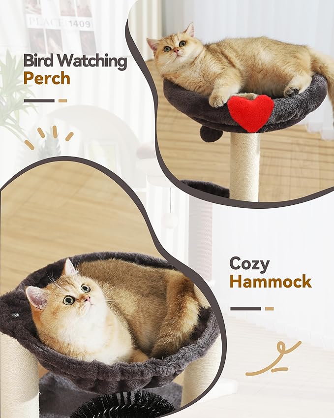 Simple Deluxe 27.8" Small Cat Tree Tower for Indoor Cats, Multi-Level Cute Cat Tree with Scratching Post| Plush Hammock| Perch| Replaceable Cover| Groomer Brush| Dangling Ball for Kittens Play & Rest