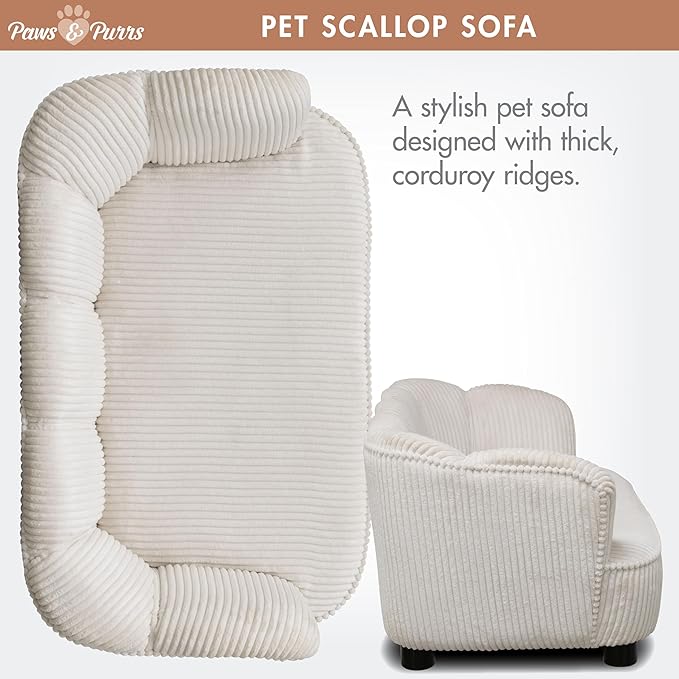 Paws & Purrs Retro Scalloped Back Sofa Style Pet Bed, Dog & Cat Couch with Tufted Cushion & Armrest, Stylish Indoor Pet Furniture, Cream