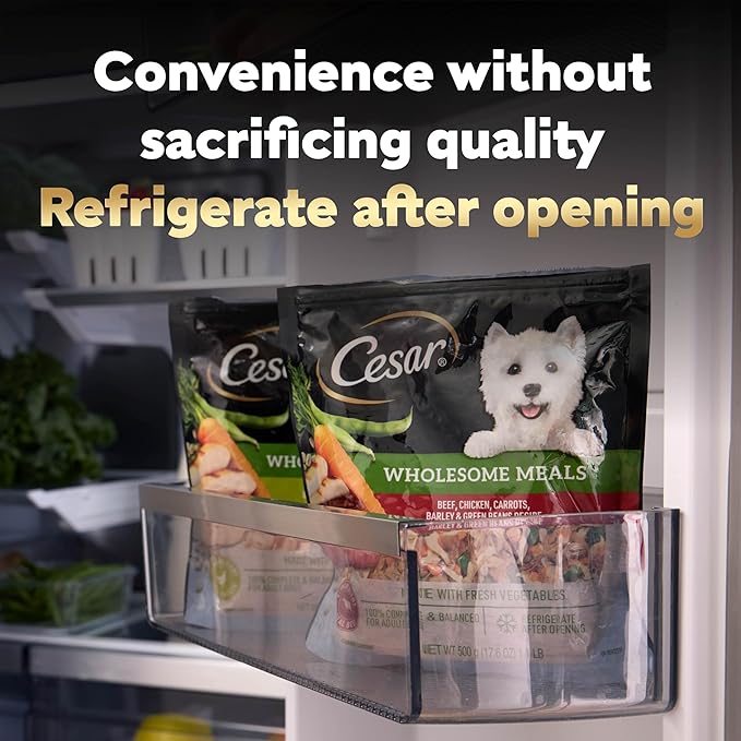 Cesar Wholesome Meals Wet Dog Food Beef, Chicken, Carrots, Barley & Green Beans Recipe, Wet Food for Dogs, 17.6 oz Pouch, 12 Count