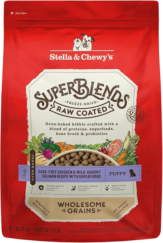 Stella & Chewy's SuperBlends Raw Coated Wholesome Grains Puppy Cage-Free Chicken & Wild-Caught Salmon Recipe with Superfoods, 21 lb. Bag