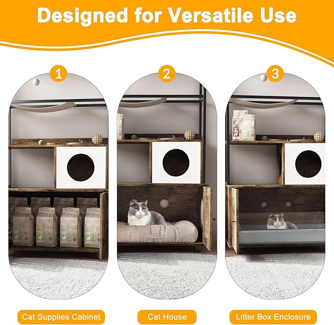 Garvee Cat Litter Box Enclosures with Storage Rack, Enclosed Litter Box Furniture, Hammock, Sisal Balls and Cat Scratching Mat