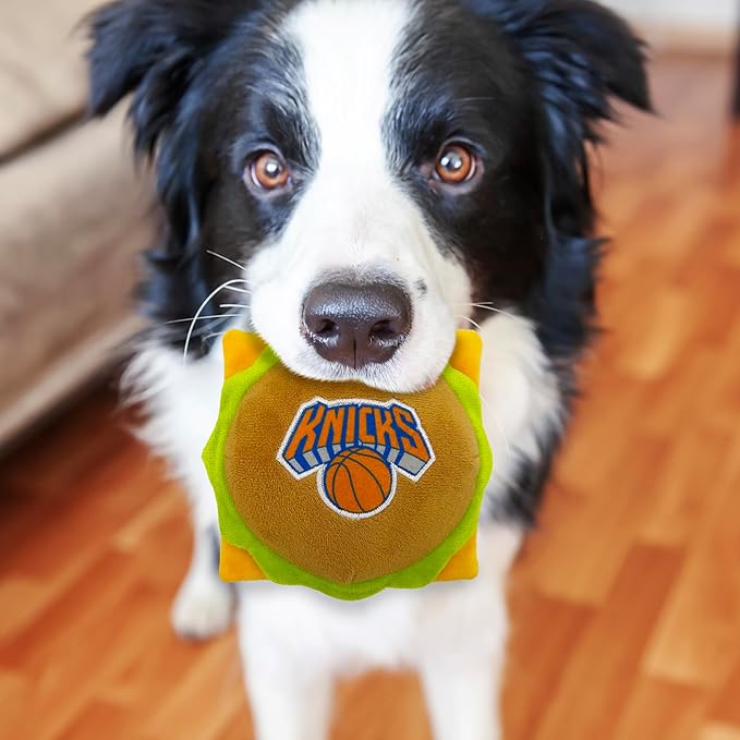Pets First NBA New York Knicks Cheese Burger Plush Dog & CAT Squeak Toy - Cutest Stadium HAMBERGER Snack Plush Toy for Dogs & Cats with Inner Squeaker & Beautiful Basketball Team Name/Logo, Team Color