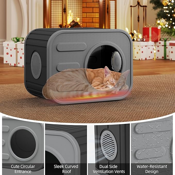 Feral Outdoor Cat House Weatherproof, Insualted Cat Houses for Outdoor Indoor Cats with Camera-Shaped Design, Sturdy Resin Outside Cat Shelter, Easy to Assemble
