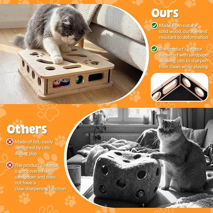 2026 Cat Scratch Puzzle Enrichment Box, Cat Nail File Enrichment Box, Includes Replacement Sandpaper, 3 Bell Balls & 1 Teaser Wand,Wooden Puzzle Treat Toy Box Stimulate Cat Instincts for Bored Cats