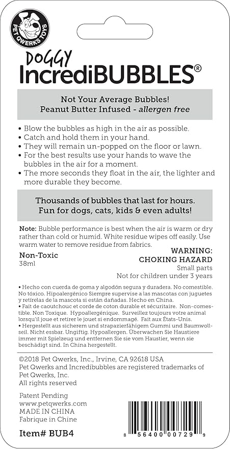 Pet Qwerks Incredibubbles Interactive Pet Toys - Long Lasting Edible Bubbles for Dogs & Cats - Peanut Butter Flavor - 38 ML, All Breed Sizes (Pack of 2)