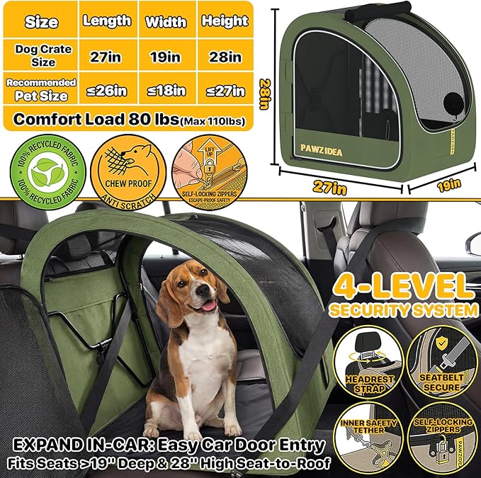 PAWZIDEA Portable Dog Crate for Car Travel, Collapsible Pet Travel Crates for Medium & Large Dogs Up to 80lbs, Enclosed Soft-Sided Car Kennel Carrier for Backseat, Secures w/Seatbelt & Headrest Strap