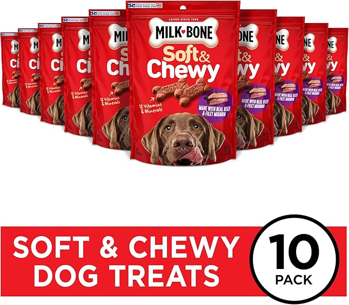 Milk-Bone Soft & Chewy Dog Treats, Made with Real Beef & Filet Mignon, 5.6 Ounce Pouch (Pack of 10)