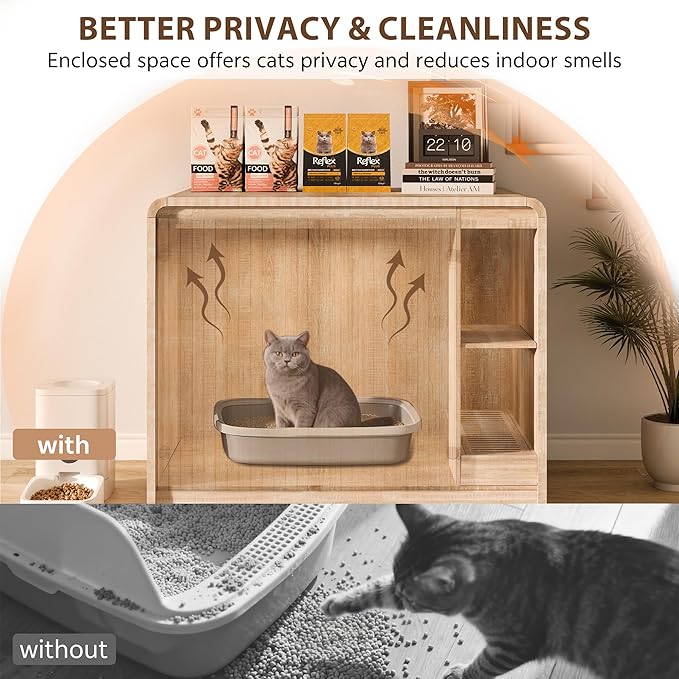 Cat Litter Box Enclosure for Automatic Litter Box, Litter Box Enclosure with Litter Collector and Power Outlet, Large Cat House with Adjustable Shelf for Dog Proof, Side Table, Natural
