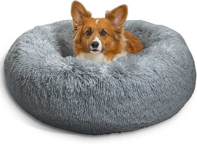 Best Friends by Sheri The Original Calming Donut Dog Bed for Small Dogs up to 25 lbs, Shag Faux Fur, Gray, 23" x 23"