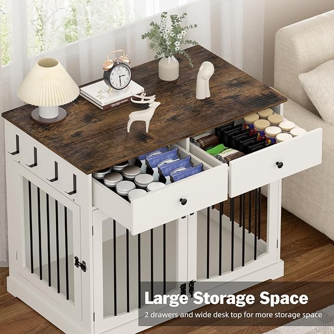 Kucreiheat 40'' Wooden Dog Crate Furniture–Farmhouse Dog Kenel-Multi Purpose Pet House with Double Doors, 2 Drawers, for Small, Medium & Large Dogs–White & Brown Finish